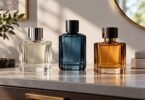 Three generic unbranded fragrance bottles on a neutral dresser.