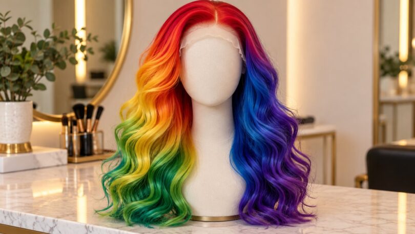 Generic rainbow-colored wig on a featureless display head.