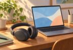 Generic wireless over-ear headphones beside a laptop on a sunlit desk.