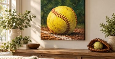 Generic yellow softball canvas art displayed above a shelf with a softball and glove.