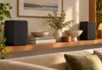 Generic compact wireless speakers on a living-room shelf.