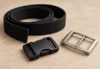 Black woven belt beside a generic polymer buckle and a silver-tone metal buckle.