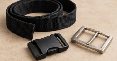 Black woven belt beside a generic polymer buckle and a silver-tone metal buckle.