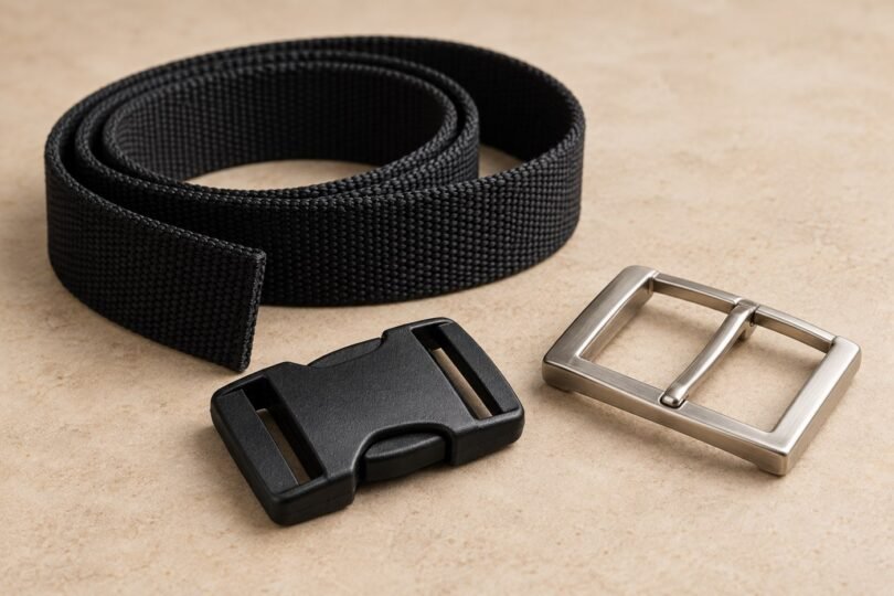 Black woven belt beside a generic polymer buckle and a silver-tone metal buckle.