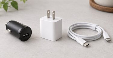 Generic car and wall charging adapters beside a USB cable.