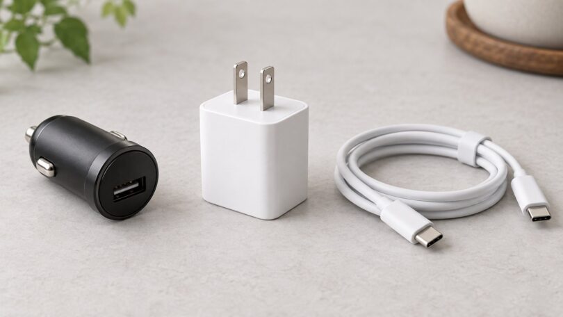 Generic car and wall charging adapters beside a USB cable.