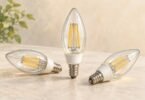 Three unbranded candle-shaped LED bulbs with visible yellow filaments and small screw bases.