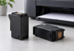 Two generic unbranded black inkjet cartridges beside a printer.