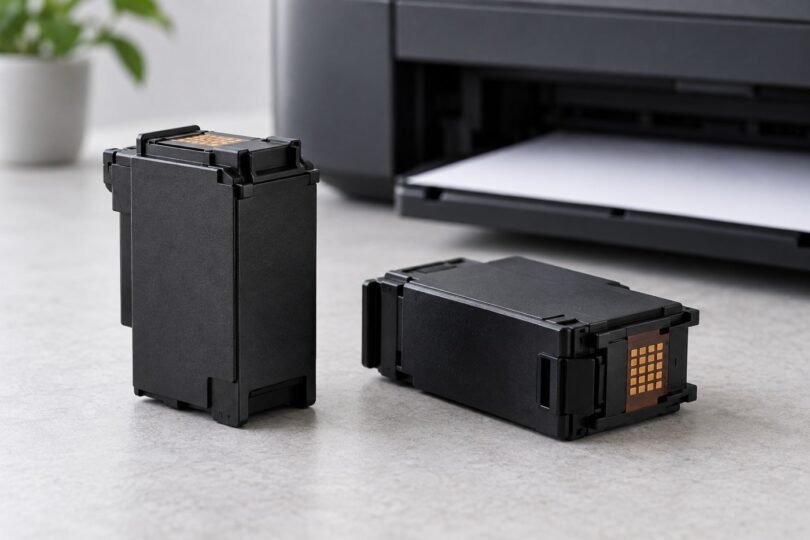 Two generic unbranded black inkjet cartridges beside a printer.