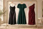 Black slip, emerald short-sleeve, and burgundy one-shoulder party dresses hang on a clothing rack.