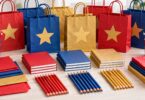 Generic red, blue and gold star party bags, notebooks and pencils.