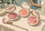 Illustration of mauve, peach and multicolored blush compacts beside a brush.