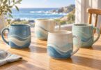 Four generic ocean-colored ceramic mugs with abstract wave patterns on a seaside breakfast table.