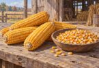 Illustration of dry corn cobs and loose maize kernels on a workbench.