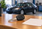 A generic black automotive key on a service counter with a blurred sedan in the background.