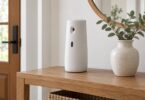 Generic automatic air-freshener dispenser on an entryway shelf.