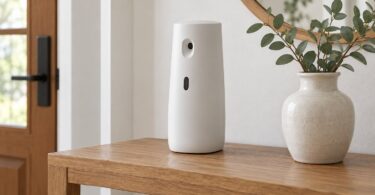 Generic automatic air-freshener dispenser on an entryway shelf.