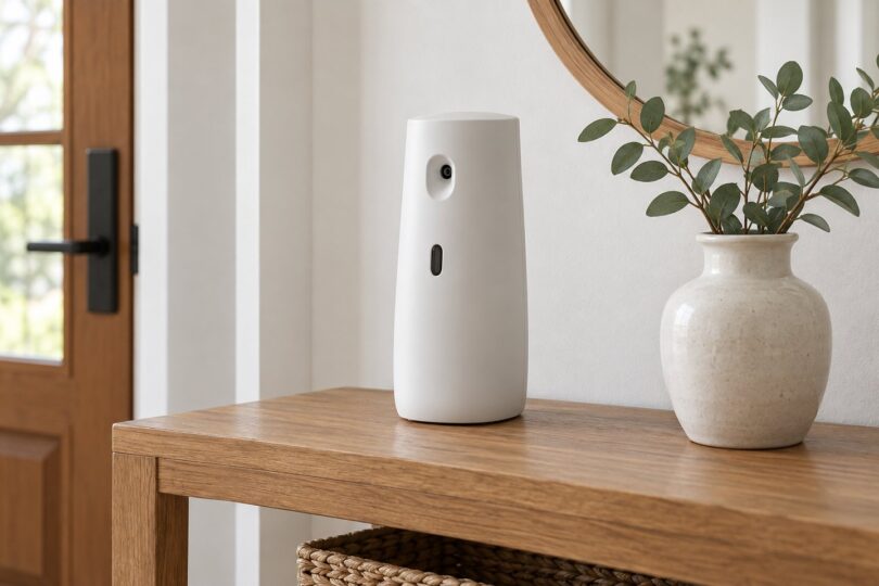 Generic automatic air-freshener dispenser on an entryway shelf.