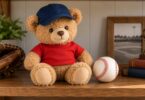 Generic teddy bear in a plain red shirt and navy baseball cap beside a baseball.