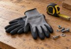 Generic gray knit work gloves with black coated palms on a workbench.