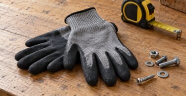 Generic gray knit work gloves with black coated palms on a workbench.