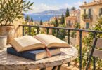 Two plain books and a ribbon bookmark on a Mediterranean balcony table.