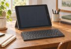 Generic older home-button tablet with a separate compact keyboard on a desk.