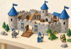 Generic illustration of a toy castle with fantasy figures and a dragon.