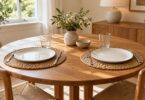 Two round woven placemats arranged on a round dining table.