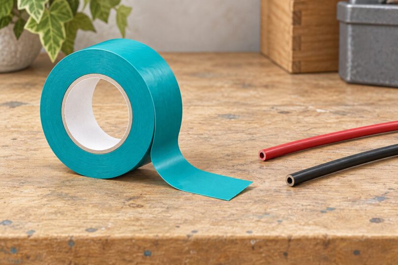 A generic turquoise tape roll beside red and black insulated tubing.