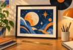 Illustration of a black frame around original blue-and-orange celestial artwork.
