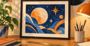 Illustration of a black frame around original blue-and-orange celestial artwork.
