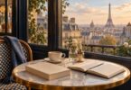 A plain book and notebook on a cafe table overlooking Paris.