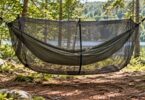 Generic camping hammock enclosed in a fine mesh bug net between trees.