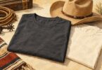 Illustration of plain folded T-shirts beside a cowboy hat.