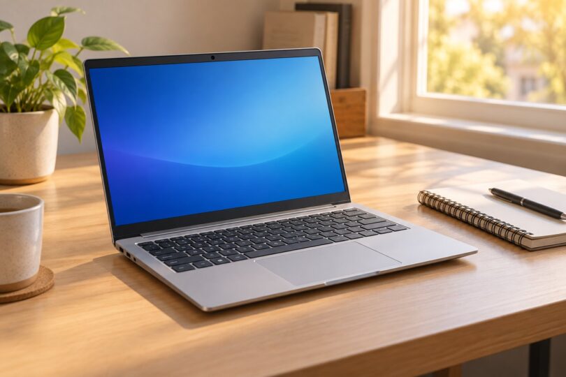 A generic silver compact laptop on a desk.