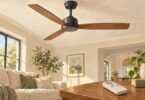 Illustration of an unbranded three-blade ceiling fan with a handheld remote in the foreground.