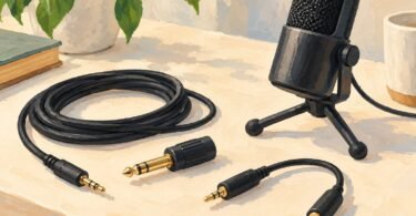 Illustration of generic audio plugs and cables beside a desktop microphone.