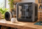 A generic enclosed 3D printer with a filament spool and geometric print.