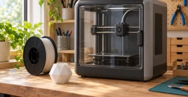 A generic enclosed 3D printer with a filament spool and geometric print.
