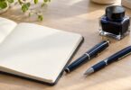 Generic navy blue pens, an ink bottle and an open blank notebook on a desk.