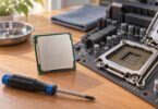 An unbranded desktop processor beside a generic motherboard socket.