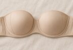 Generic beige strapless bra with structured cups and wide side bands.