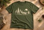 Olive green T-shirt with a simple unbranded pine forest design on a neutral tabletop beside pine needles.