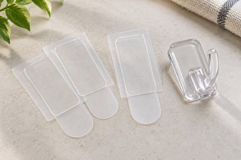 Generic transparent adhesive strips beside an unbranded clear plastic hook.