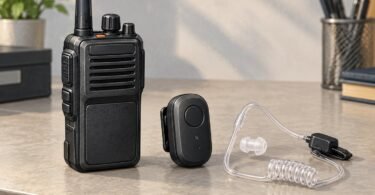 Generic two-way radio, wireless audio pod and acoustic-tube earpiece on a desk.