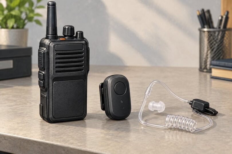 Generic two-way radio, wireless audio pod and acoustic-tube earpiece on a desk.