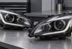 Generic unbranded projector headlight assemblies on a workbench.