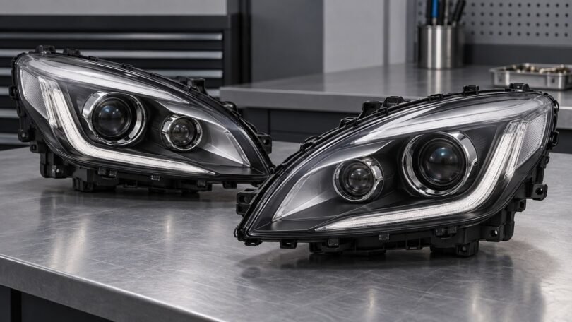 Generic unbranded projector headlight assemblies on a workbench.
