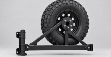 Generic spare wheel attached to a black triangular swing-away tire-carrier frame, shown without a vehicle.